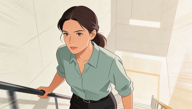 Determined asian businesswoman climbing staircase, gripping handrail in modern office building