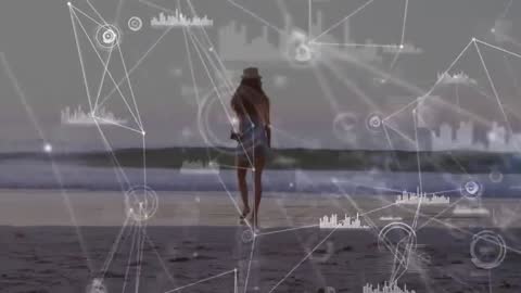 Woman Walking on Beach at Dusk with Futuristic Digital Overlay
