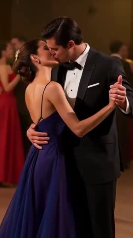 Glamorous Ballroom Kiss — Dancing Couple Embracing and Kissing in Navy Gown and Tuxedo