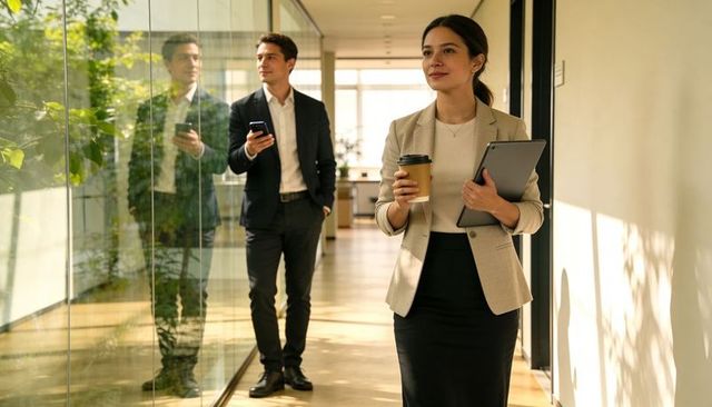 Businesswoman walking office corridor holding coffee and tablet with coworker reflection