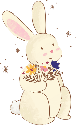 Cute cream rabbit holding wildflowers on transparent background