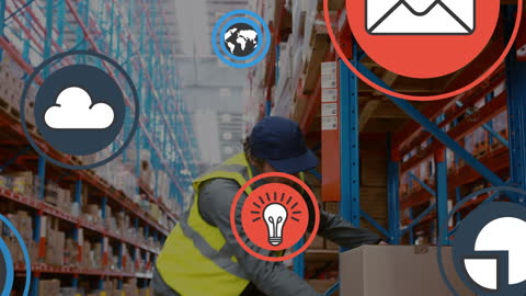 Warehouse Worker Surrounded by Digital Media Icons in Fulfillment Center