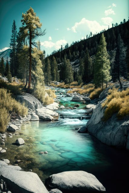 Scenic landscape with river creek and mountains, created using generative ai technology. Nature, scenery and beauty in nature concept digitally generated image.