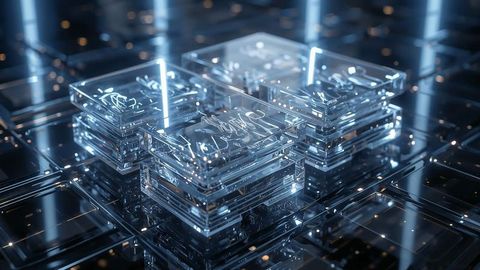 Futuristic Transparent Cubes with Neon Lighting on Mirrored Grid