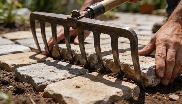 Hands laying natural stone pavers with garden rake for backyard pathway