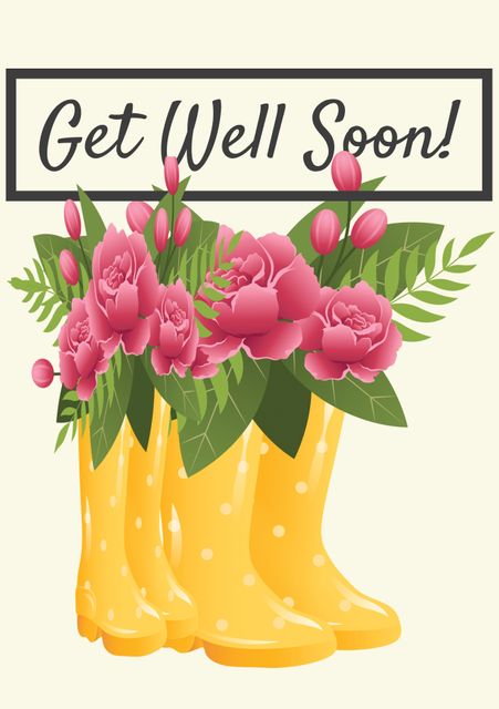 Ideal for sending warm wishes for a speedy recovery. The cheerful design featuring pink flowers in yellow boots conveys a hopeful and positive message, making it perfect for supporting loved ones in their healing journey.