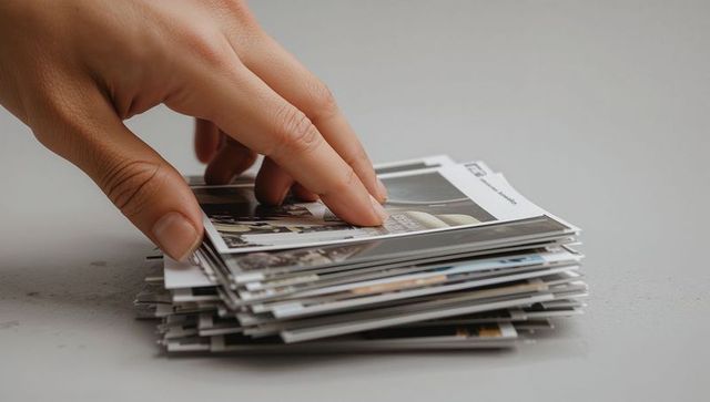 Closeup hand turning glossy print from stack of small prints on minimal grey tabletop
