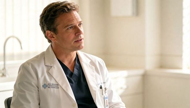 Male physician listening during clinic consultation wearing white lab coat and scrubs