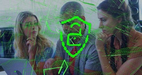 IT Team Collaborating on Cybersecurity Analytics with Neon Green Shield Overlay