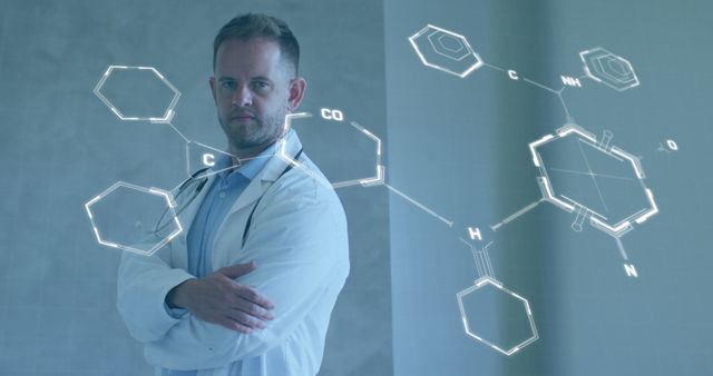 Confident Scientist Analyzing Molecular Structures on Virtual Screen - Download Free Stock Images Pikwizard.com