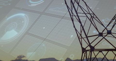 Transmission tower with futuristic overlay illustrating digital infrastructure