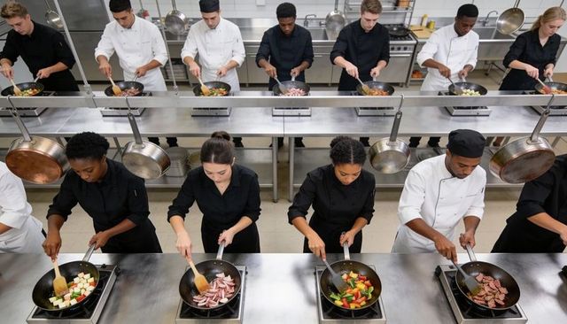Culinary students practicing sautéing on induction burners in professional kitchen line
