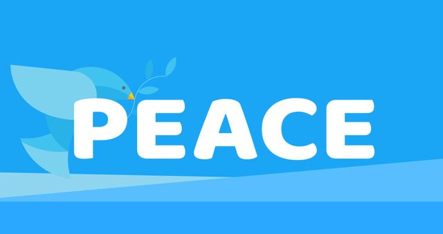 Vector image of peace text and bird holding twig on blue background, copy space. Illustration, international day of peace, avoid war and violence, celebration, hope, kindness, support.