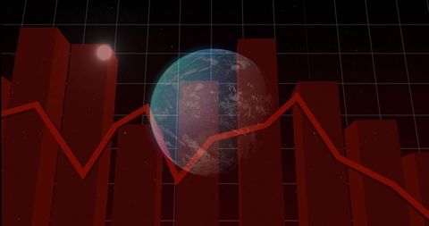 Global Market Drop Visualization with Red 3D Bar Chart and Line Graph over Earth