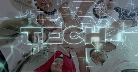 Diverse Team Collaboration on Tech Innovation With Futuristic Graphics