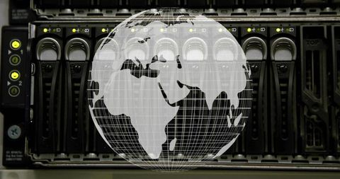Global data infrastructure concept showing wireframe globe overlaying server rack hardware