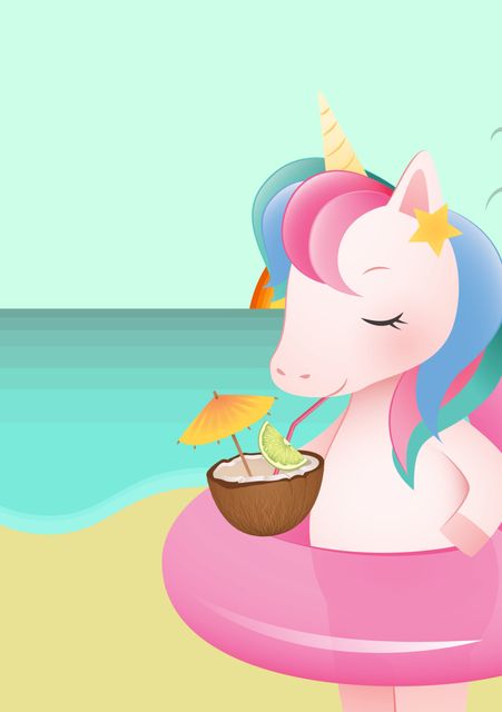 Adorable illustration of a unicorn sipping a tropical drink on a beach, great for children's party invitations, vacation themes, greeting cards, and fun summer event promotions. The colorful and playful style makes it perfect for engaging and cheerful designs.