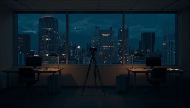 Framing tripod camera capturing moody nighttime cityscape through office window