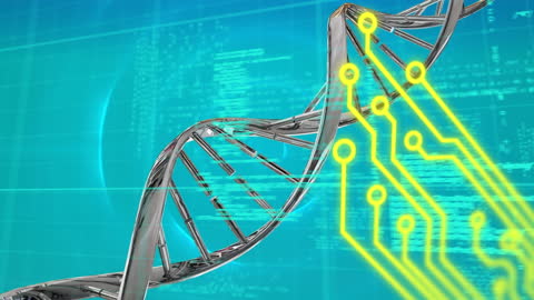 Futuristic DNA Strand with Digital Circuit Overlay