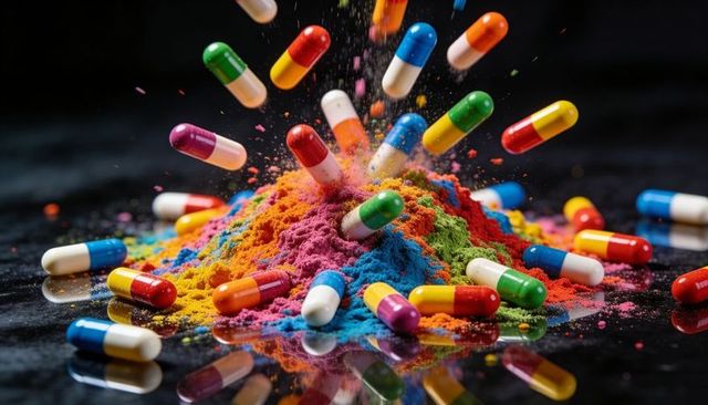 Exploding two-tone capsules scattering vibrant pigment powder on glossy black surface