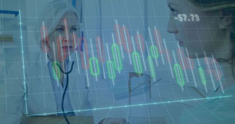Doctor Consulting Patient While Reviewing Health Analytics with Candlestick Chart Overlay