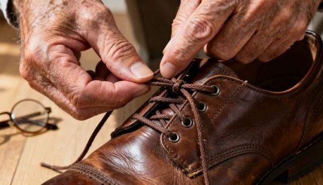 Senior hands tying leather oxford shoelaces on wooden table, close-up of aged hands