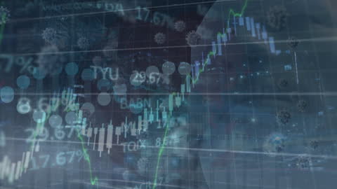 Animated Financial Data Over Cityscape at Night