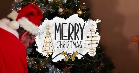 Santa Claus Decorating Christmas Tree with Festive Banner - Download Free Stock Images Pikwizard.com