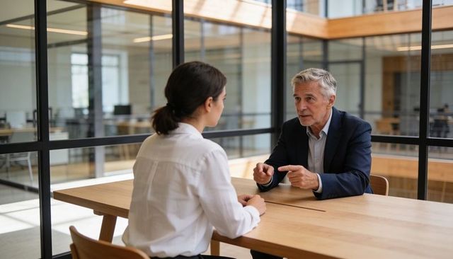 Senior executive pointing while young professional listens during candid corporate meeting
