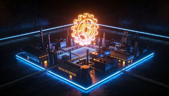 Futuristic industrial diorama featuring holographic gear and neon-lit factory model