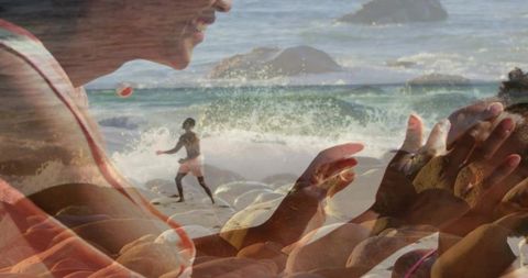 Sunlit beach celebration: family clapping, smiling woman and child playing ball double exposure