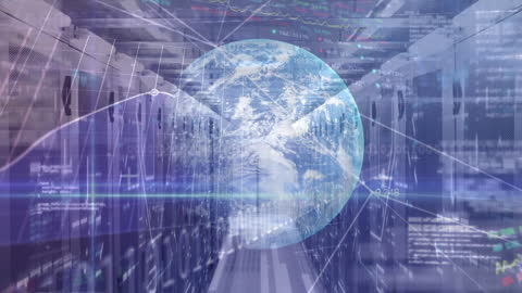 This video depicts futuristic digital technology with a focus on data processing and global connectivity. The server room symbolizes advanced computing capabilities, merged with a visual of Earth, emphasizing a global network and data integration. Suitable for illustrating concepts of cloud computing, data storage, and global technology networks in presentations, articles, or marketing materials focused on digital transformation and IT solutions.