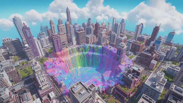 Iridescent pastel crater pouring multicolor liquid through urban skyline, aerial surreal