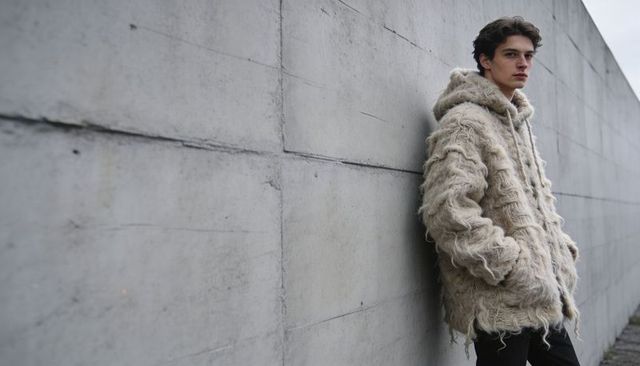 Leaning man wearing beige shaggy hooded coat against concrete wall minimalist urban fashion
