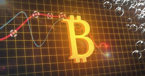 Bitcoin symbol over blockchain data visualization