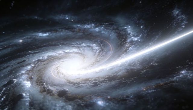 Spiral galaxy launching luminous jet from bright nucleus through spiral arms, cosmic dust