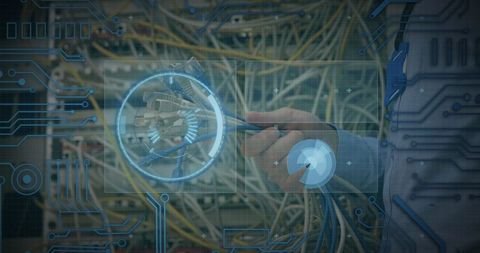 Futuristic data infrastructure with computer wires and overlay