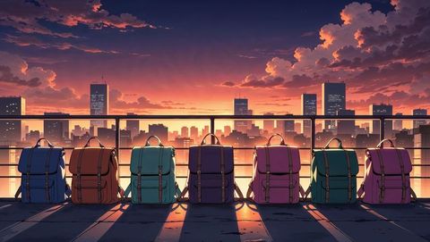 Colorful backpacks lined up on urban rooftop at sunset