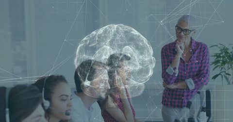 Holographic Brain Over Call Center Team in Modern Office