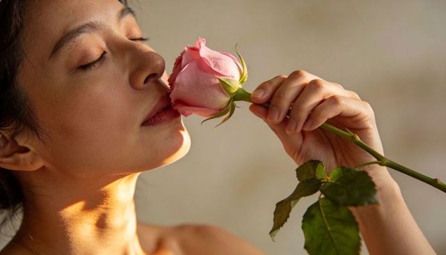 Woman smelling pink rose closeup warm natural light intimate fragrance portrait