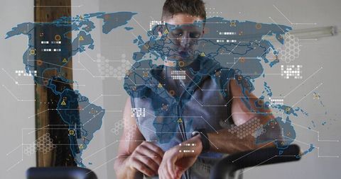 Athlete Checking Smartwatch While Cycling with Augmented Reality World Map Overlay