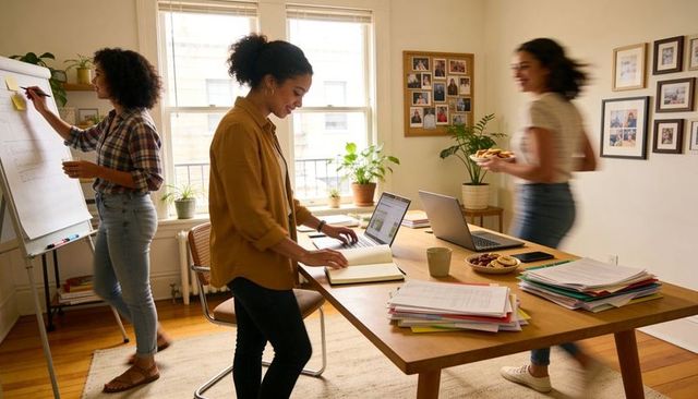 Women collaborating in bright home office, brainstorming around laptop, flipchart and snacks