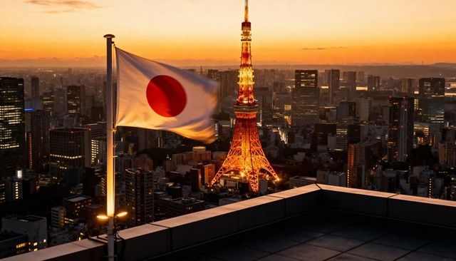 Japanese flag fluttering over tokyo tower at dusk skyline with city lights and rooftop