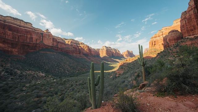 Saguaro cacti framing sunlit red rock canyon with layered sandstone buttes