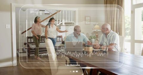 Multigenerational family discussing financial planning at home with digital analytics overlay