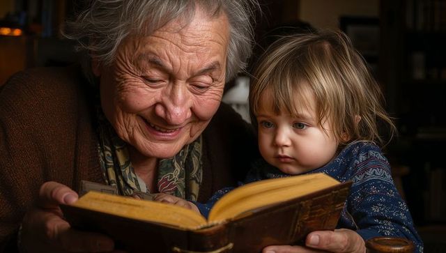 Grandmother reading worn leather book with toddler, cozy intergenerational moment