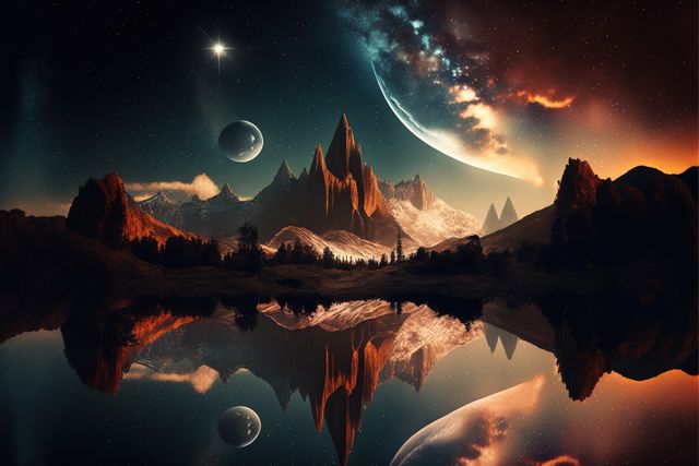 Digital art depicting a fantastical alien landscape featuring dramatic mountains and planets reflecting in calm water under a starry night sky. Ideal for science fiction book covers, fantasy artwork, or visual content for space-themed projects.