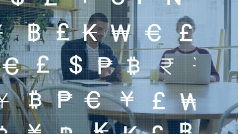Business Professionals Analyzing Global Currency Data in Modern Office
