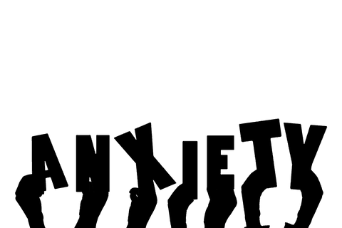 Hands holding anxiety text on transparent background