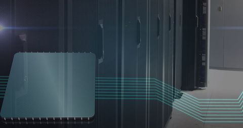 Futuristic Data Server Room with digital interface